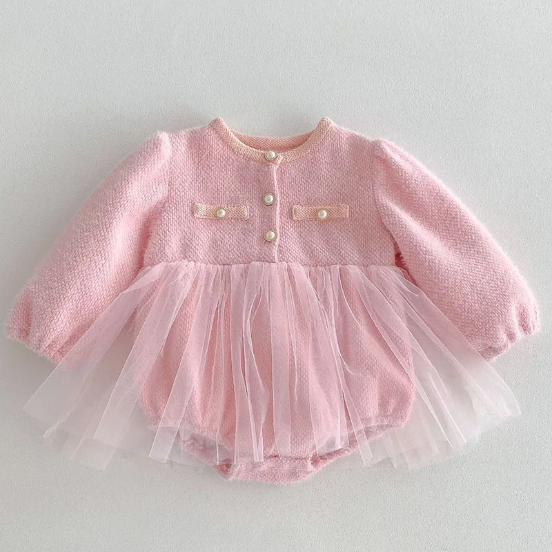 2024 New Autumn Baby Girls Clothing Toddler Baby Girls Romper Long Sleeved Mesh Splicing Infant Baby Girls Jumpsuit