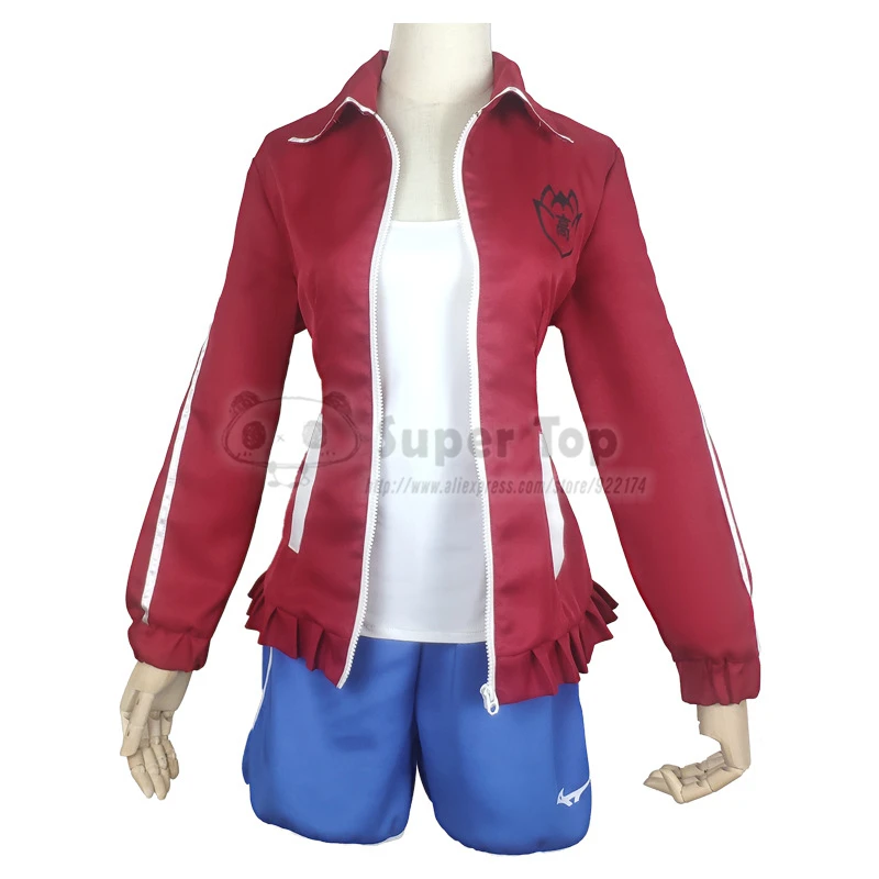 Game Danganronpa: Trigger Happy Havoc Cosplay Csotume Women Men Asahina Aoi Cosplay Full Set Red Jacket Coat Top Blue Shorts