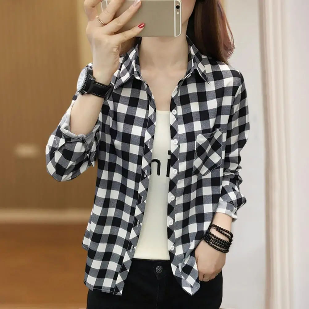 Women Shirt Long Sleeve All Match Single-breasted Casual Soft Dressing Up Plaid Print Women Shirt Top Female Clothing