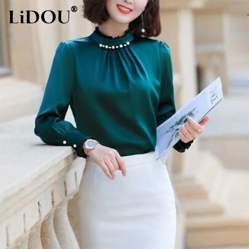 Spring Autumn Ruffles Stand Collar Satin Blouse Top Women Office Lady Elegant Beading Blusa Oversized Shirt All-match Pullovers