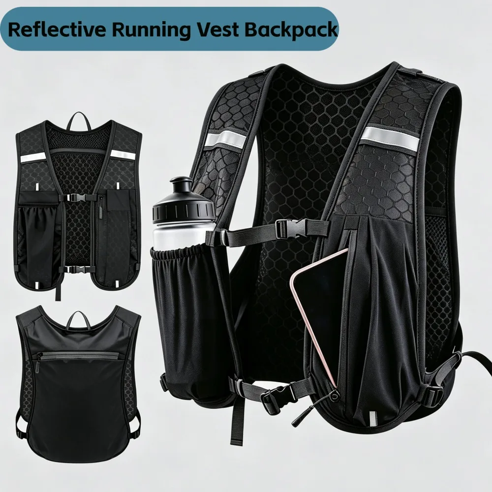 Black Running Vest Adjustable Breathable Hydration Vest For Women Men Reflective Backpack With Water Bottle Holder Phone Bag