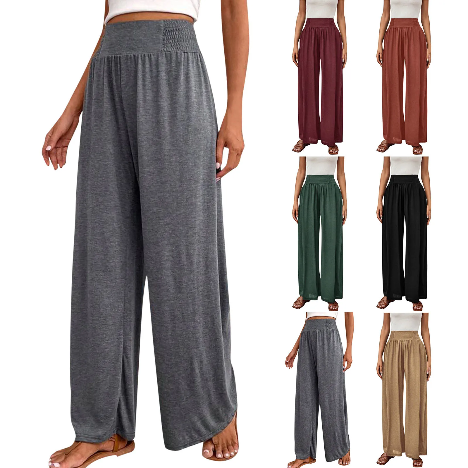 Women'S Loose Solid Color Pants Summer High Waist Casual Wide Leg Pants Elastic Waist Daily Versatile Exercise Comfy Home Pants