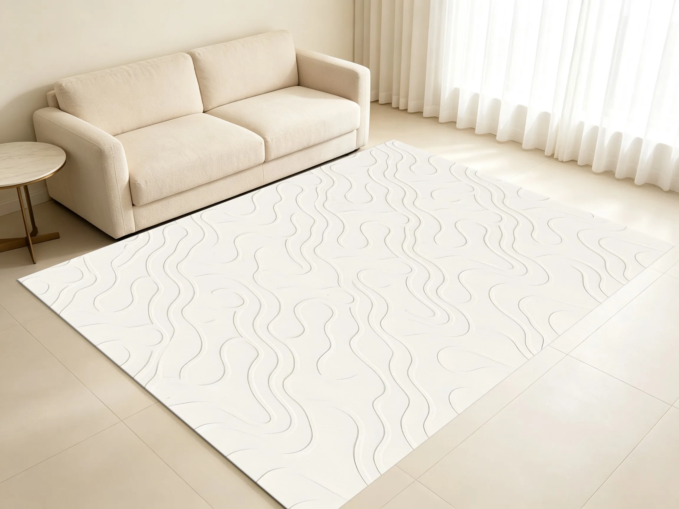 Velvet Rug Creamy White Water Ripple Pattern Minimalist Style for Living Room Bedroom Bedside Decor
