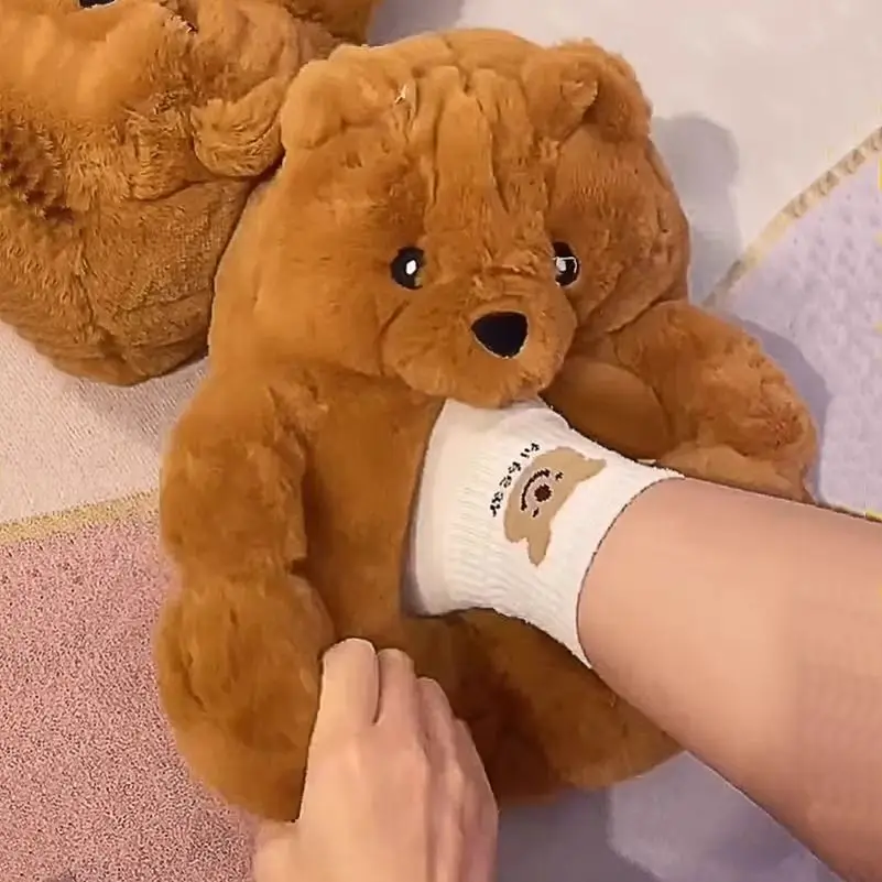 Quick shipping pink slip on animal fur slippers home fluffy bear shoes cute cartoon indoor warm fuzzy slipper home flipflops