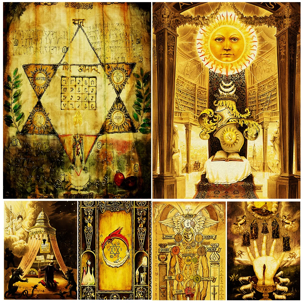 Alchemist Runes And Religious Beliefs Vintage Art Poster And Print Abstract Retro Mysterious Wall Art Canvas Painting Home Decor
