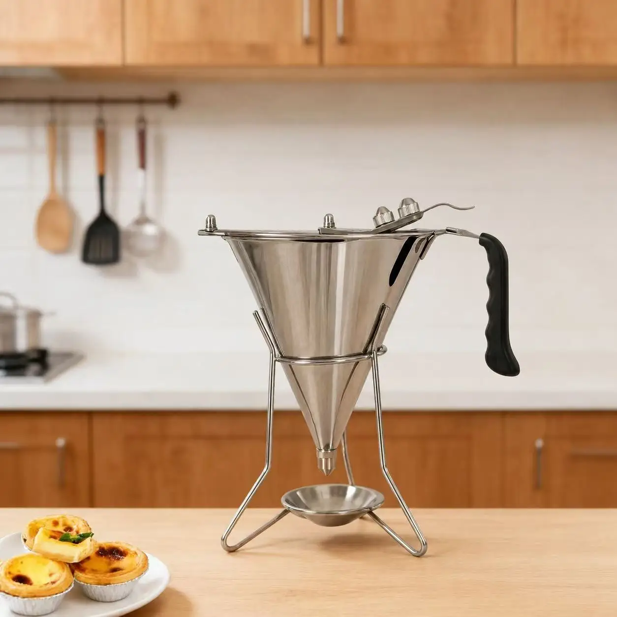 Stainless Steel Kitchen Pancake Batter Dispenser With Stand  Confectionery Piston Funnel