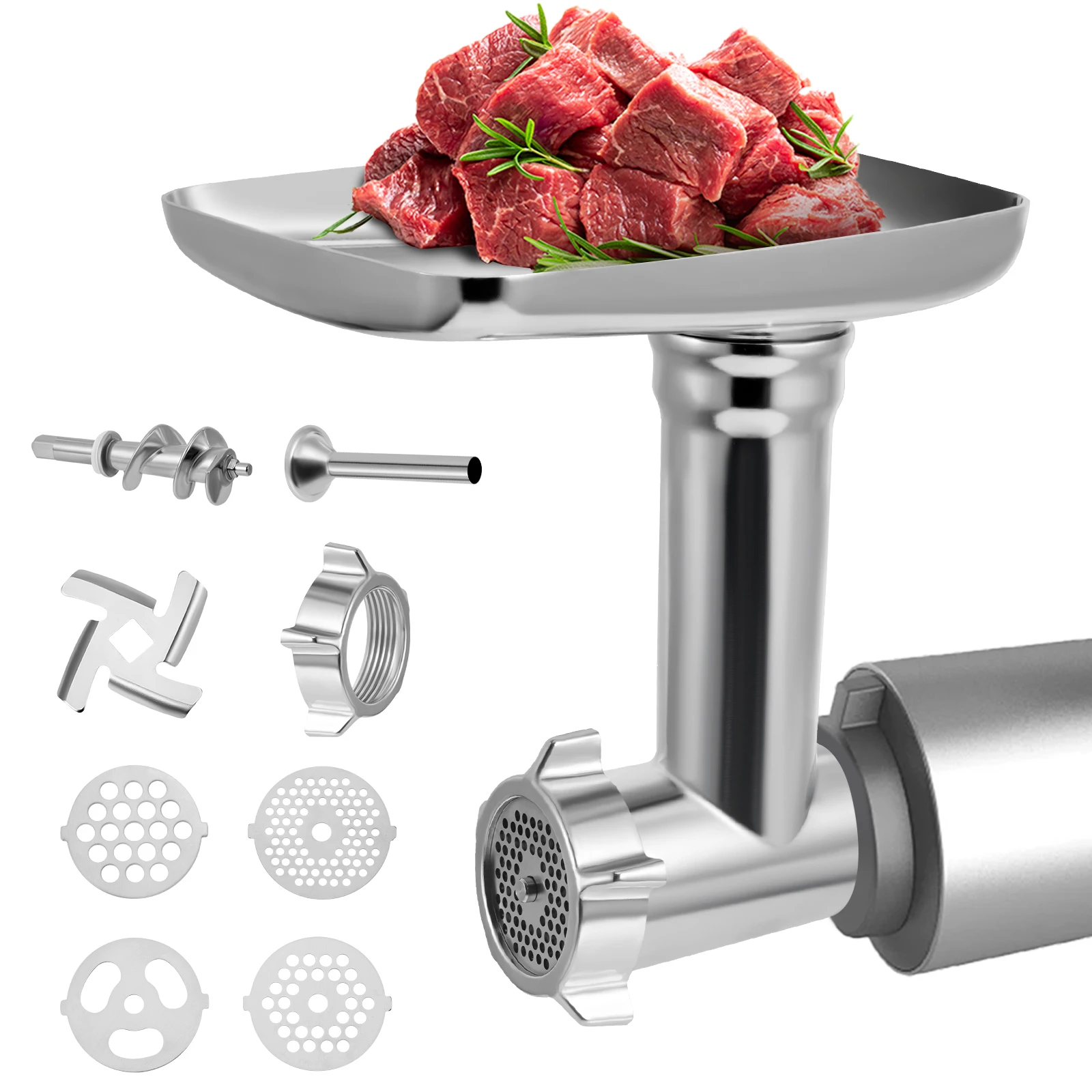 Stainless Steel Meat Grinder Attachment for Kitchenaid Accessories Meat Grinder Accessories Including 2 Sausage Stuffing Horns
