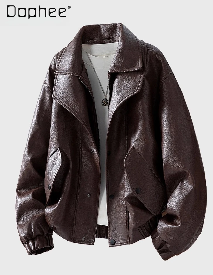

Autumn Winter New American Retro Style Men's Loose Casual Black PU Leather Jacket Motorcycle Brown Add Velevt Jacket