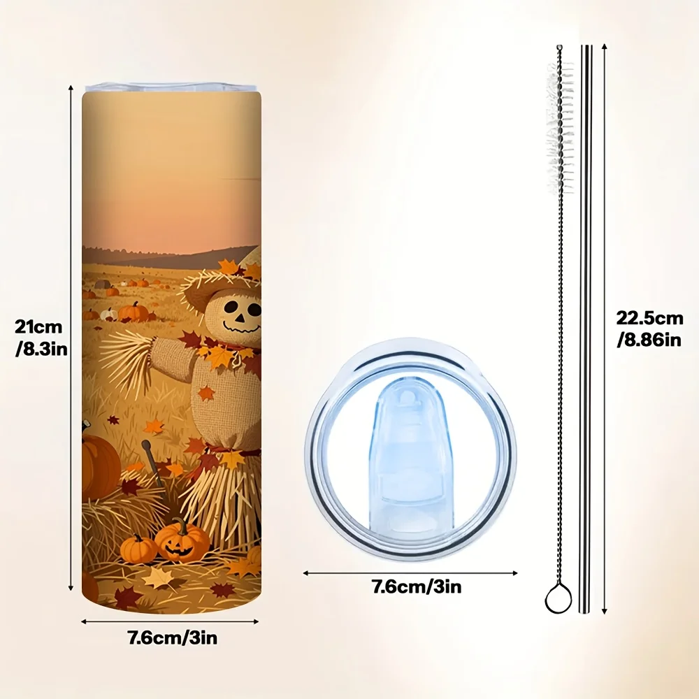 1ps Halloween and Christmas 20oz Insulated Stainless Steel Tumbler with Straw, Reusable Drinking Cup for Daily Home Office Outdoor Travel Use, Fall Harvest Scarecrow Pumpkin Rural Farm Print, Water Cup for Hot Cold Drinks Holiday Party Gift