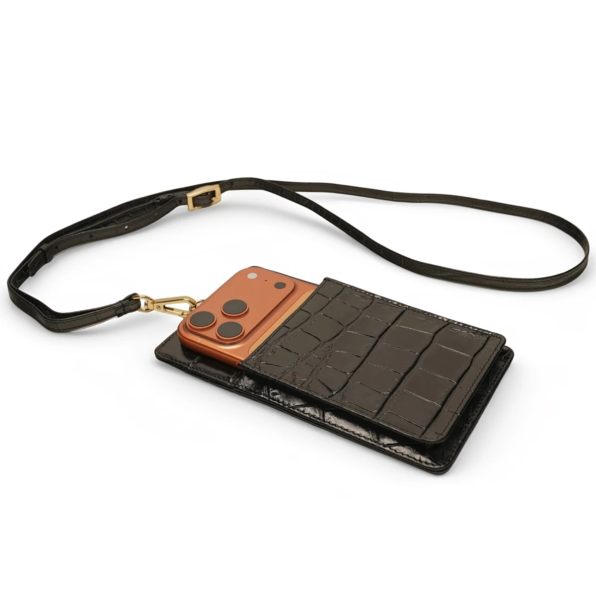 Hiram Beron Gift Mobile Leather Phone Bag Purse with Lanyards Luxury Croco Pattern Case
