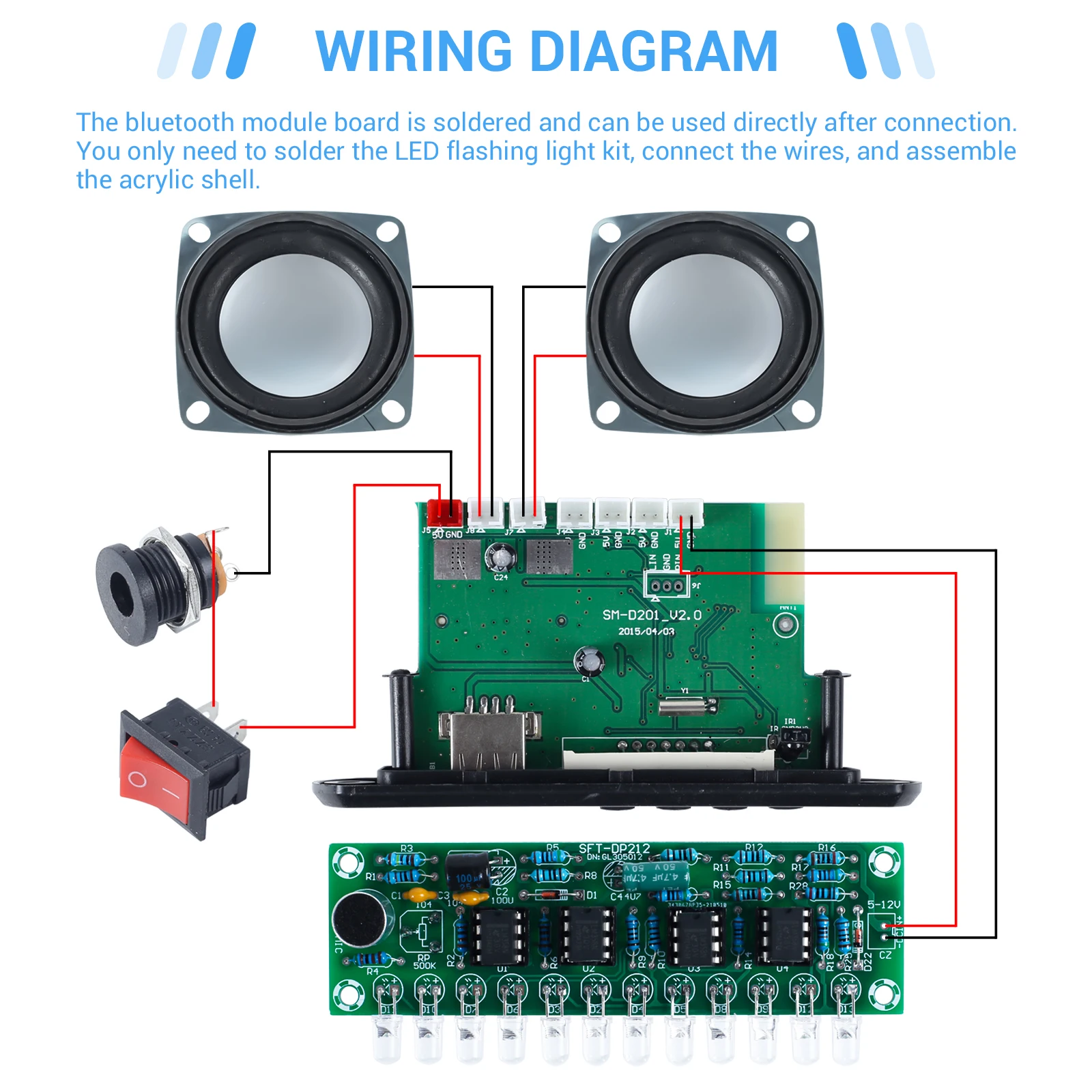 LED Spectrum FM Bluetooth Audio Speaker DIY Kit with Infrared Remote Control 3W 4ohm Speakers Bluetooth/FM/AUX/U-disk/TF Card