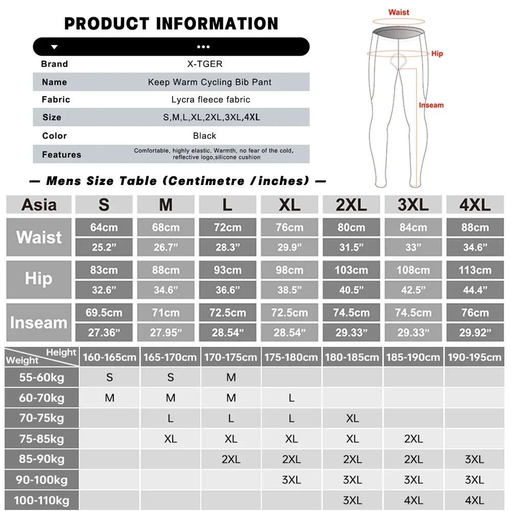 X‑TGER Winter-Fahrrad-Latzhose, Fleece, warm, Fahrrad-Latzhose mit 5D-Polsterung, 3 Taschen, für Herren, Langstrecken-Fahrradhose für kaltes Wetter – Detail 2