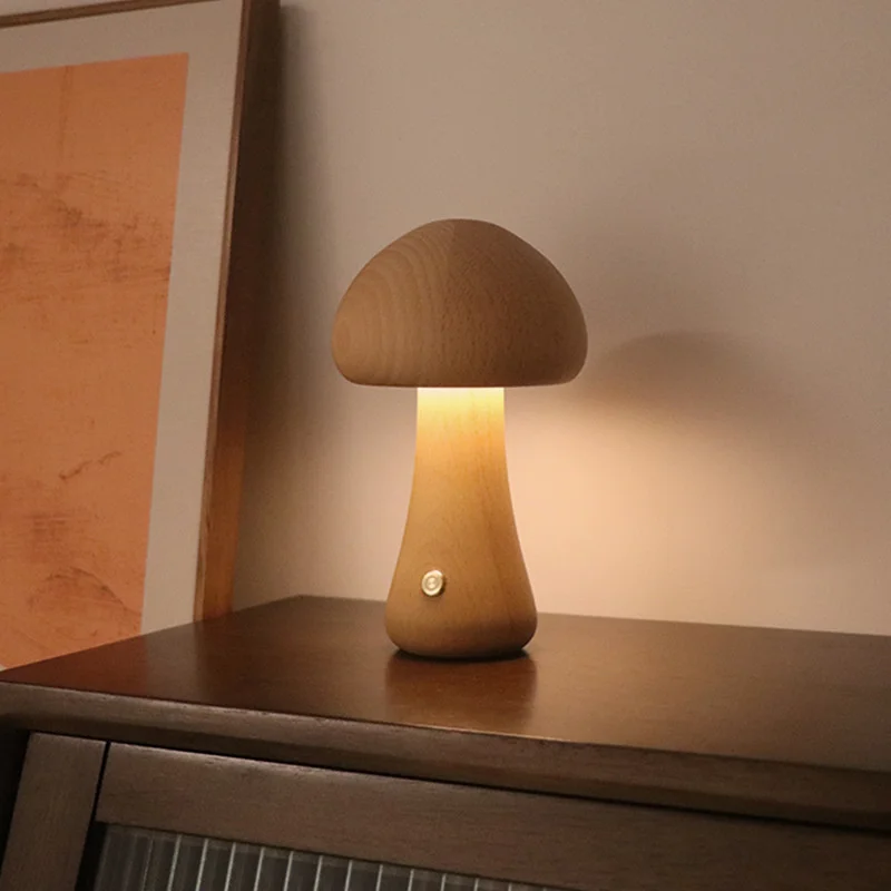 LED Mushroom Night Light Touch Warm Bedside Lamp 16.5cm Beech Wood Table Lamp Bedroom Sleep Nursery Room Decor Atmosphere Light