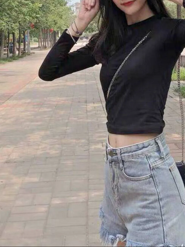 

2025 Spring/Summer Fashion Sexy Solid Color Short Style Slim fit Open Umbilical Long Sleeve T-shirt Bottom Shirt Women's Top