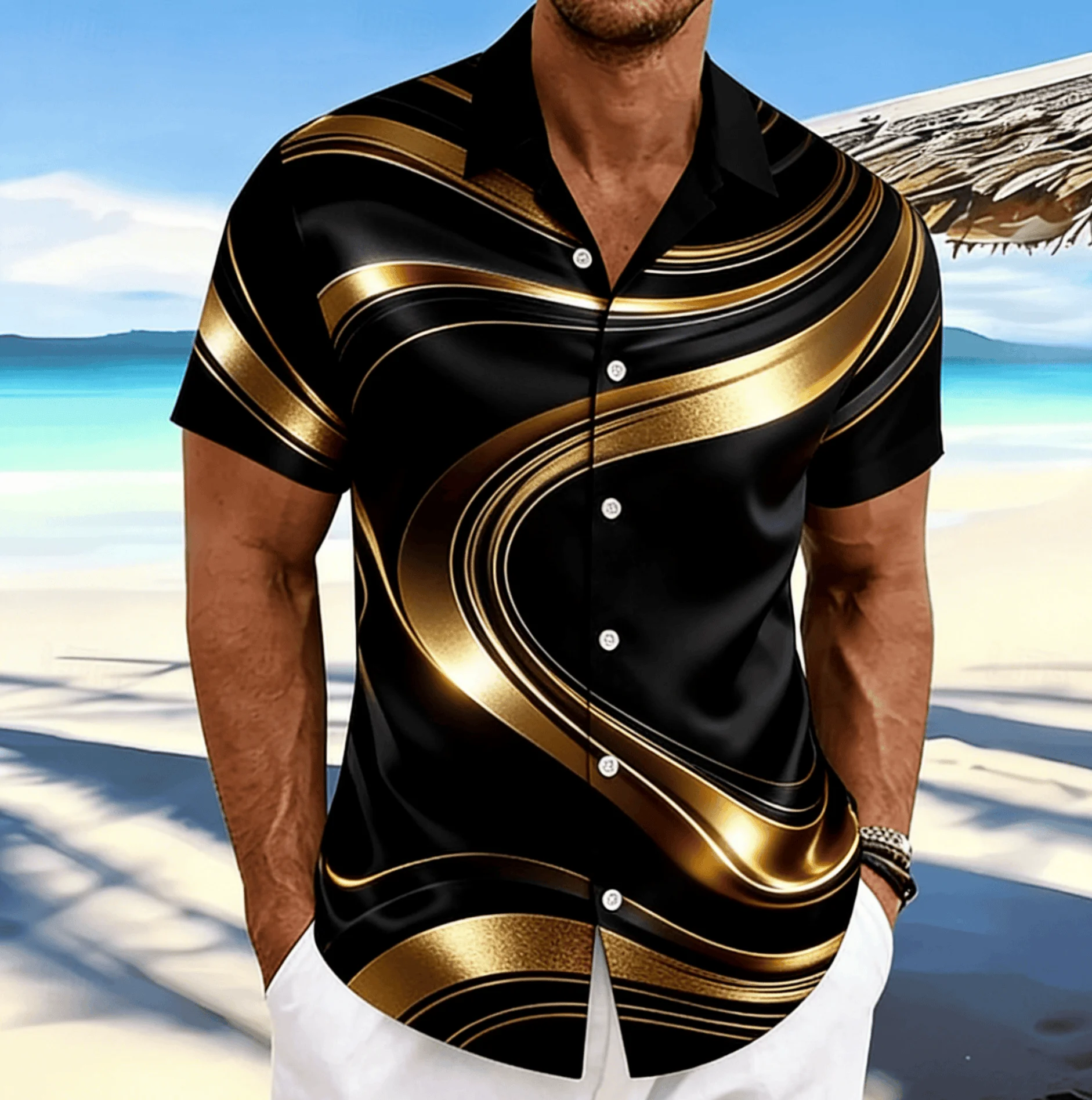 2026Men's Black Gold Luxury Short Sleeve Shirt, Spring Summer Business Vacation Casual Blouse, Loose Casual Top
