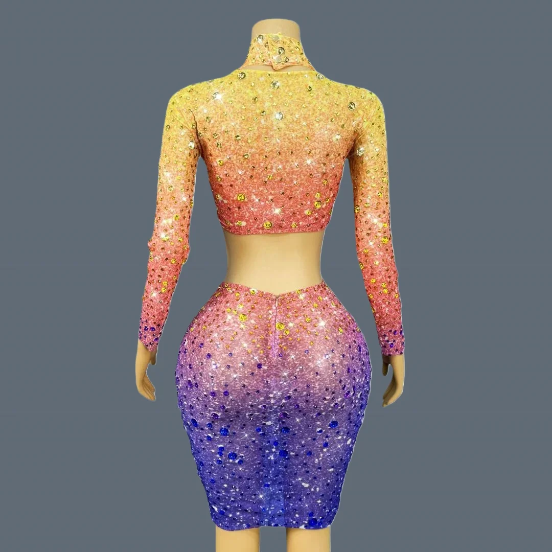 Long Sleeves Crop Tops Mini Skirt 2Pieces Set Party Sparkly Crystals See Through Mesh Short Dress Cocktail Dress Xingcaijing