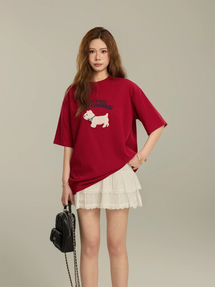 Fashionable Summer Short Sleeve T-Shirt Women's Letter Dog Print Top Casual Loose Fit Cotton Tee Stylish Versatile Summer Wear