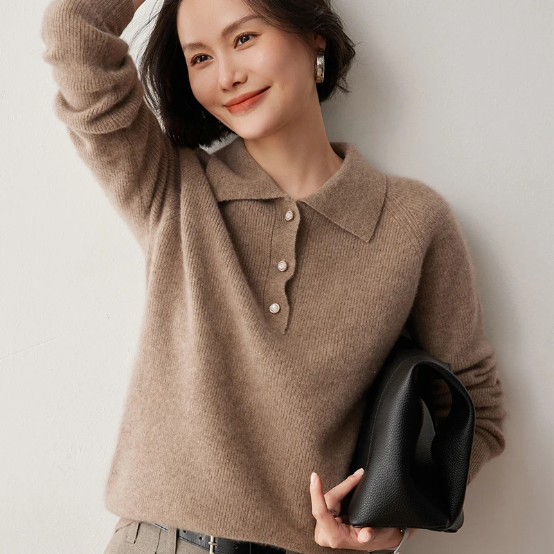 Goat Cashmere POLO Collar Sweater For Women's Luxury Business Casual Pullover AutumnWinter Solid Color Cashmere Jumper Top