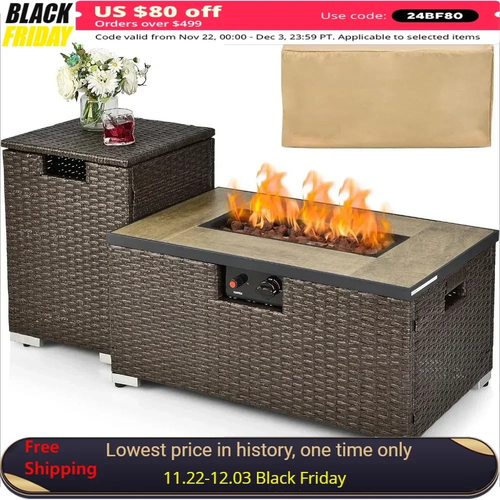 

Fire Pit Table Set of 2 with Hideaway Propane Tank Holder, Lava Rocks, Waterproof Cover, Propane Rattan Wicker Fire Pit Table