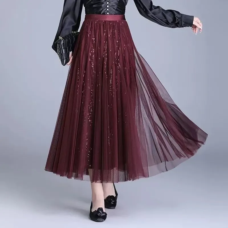 Mesh Sequin Ankola Red High Waist Fashionable Slimming Mid Length Temperament Pleated All Match Half Body Gauze Skirt