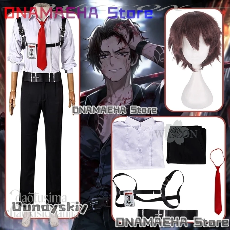 

ONAMAEHA @ Аниме-игра Limbus Company Косплей Костюм Heathcliff DK Белая рубашка с длинными рукавами Черные брюки Красный галстук Пояс Парик Хэллоуин