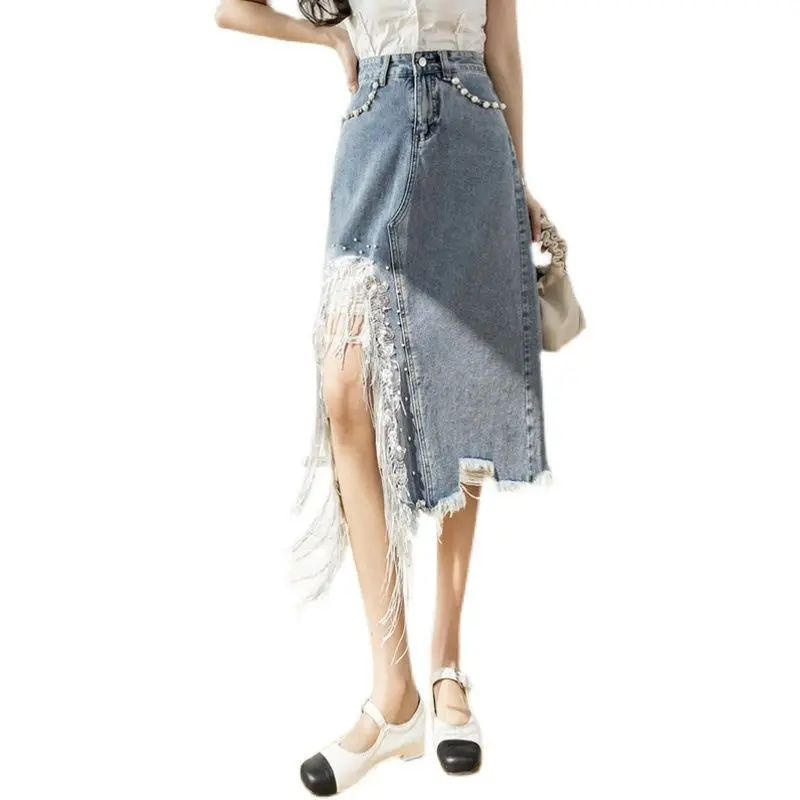 Summer Fashion Heavy Industry Bead Split Skirt High Waist A-Word Denim Skirt