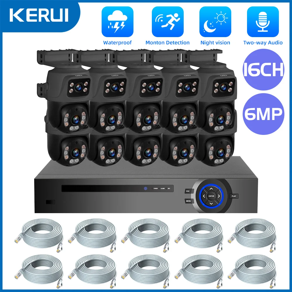 KERUI 6MP POE Surveillance System Dual Lens PTZ POE Security Camera System 16CH NVR Video Surveillance Kit XMEYE Two Way Audio