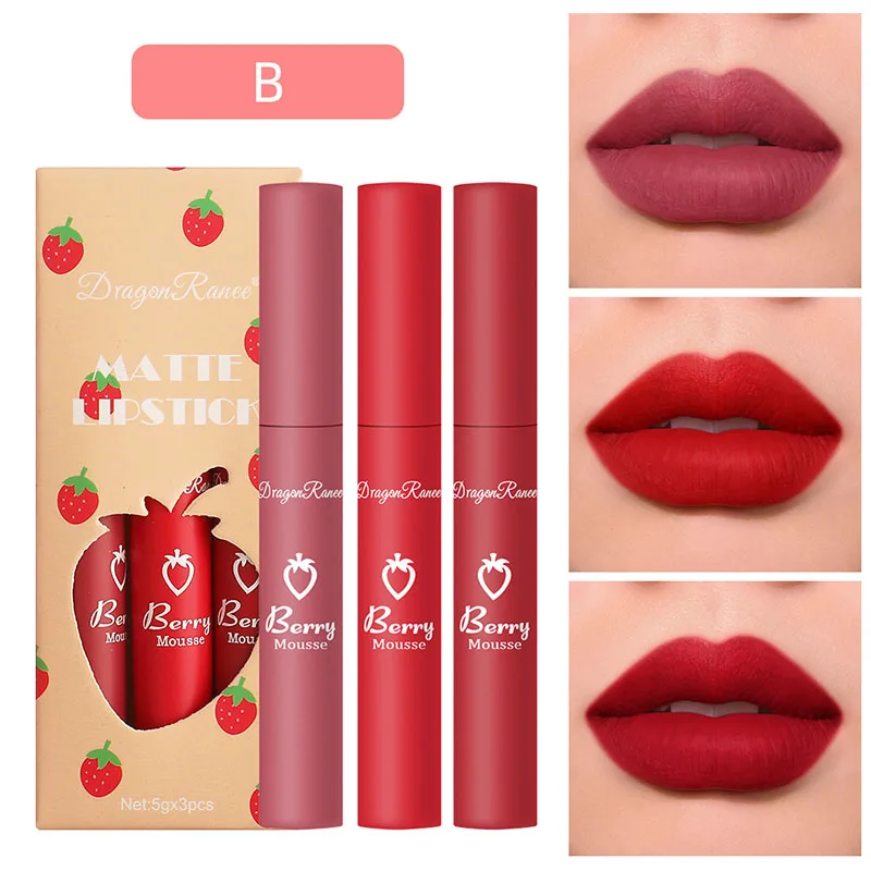 3pc Matte Red Crayon Lipsticks Set Nude Impermeável Longa Duração Sexy Velvet Tint Pen Non-stick Cup Maquiagem Cosméticos Lip Gloss