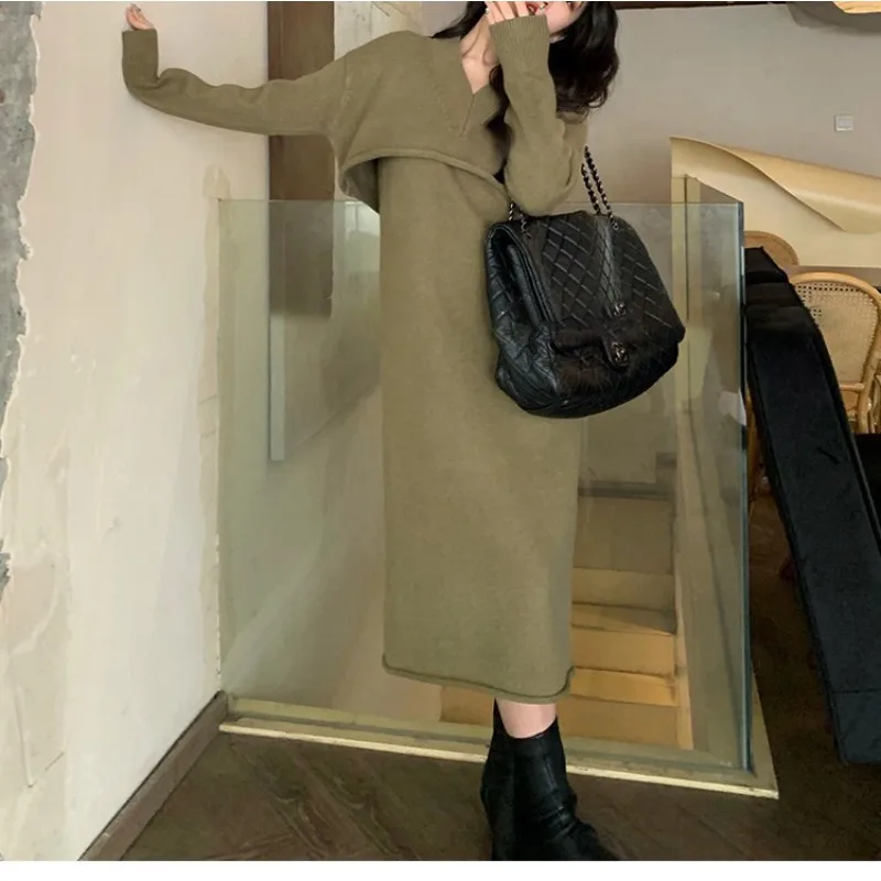 High End Temperament Fur Dress with Two-Piece Set Paired with Coat, Knitted Dress, Winter New Fashion Suit for Women