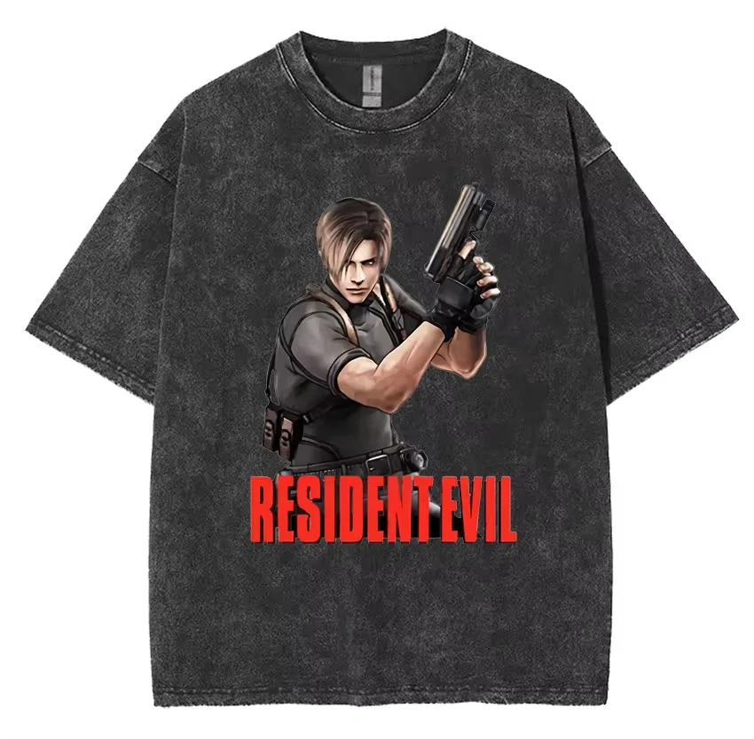 Resident Evil 4 Cosplay Short Sleeve T-Shirt Y2k Men Women Gothic Clothing Tshirt Vintage Washed Leon S Kennedy Graphic T Shirts