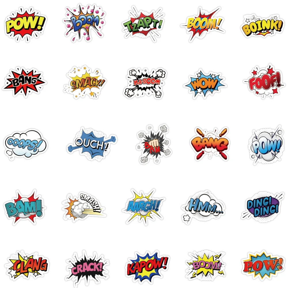 50/100Pcs INS English Boom Hello OMG BAM CRASH POW Stickers PVC Waterproof Stickers Decals For Kids Boys Girls Toys Gifts