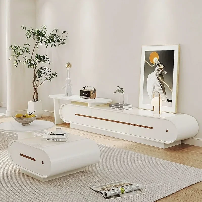 Modern Cream Style Floor TV Cabinet and Coffee Table Combo Simple Living Room Furniture with Safe Rounded Corners New Design