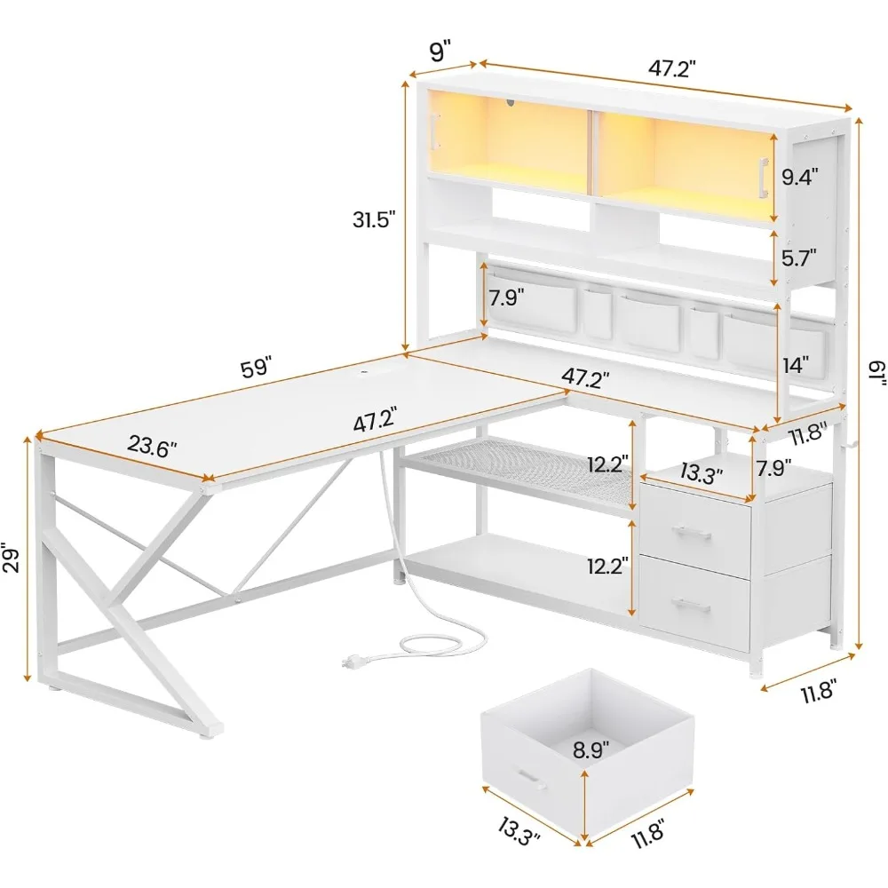 Meja gaming berbentuk L, meja komputer untuk kantor rumah dengan 2 laci dan rak buku, meja sudut gaming berbentuk L dengan lampu LED