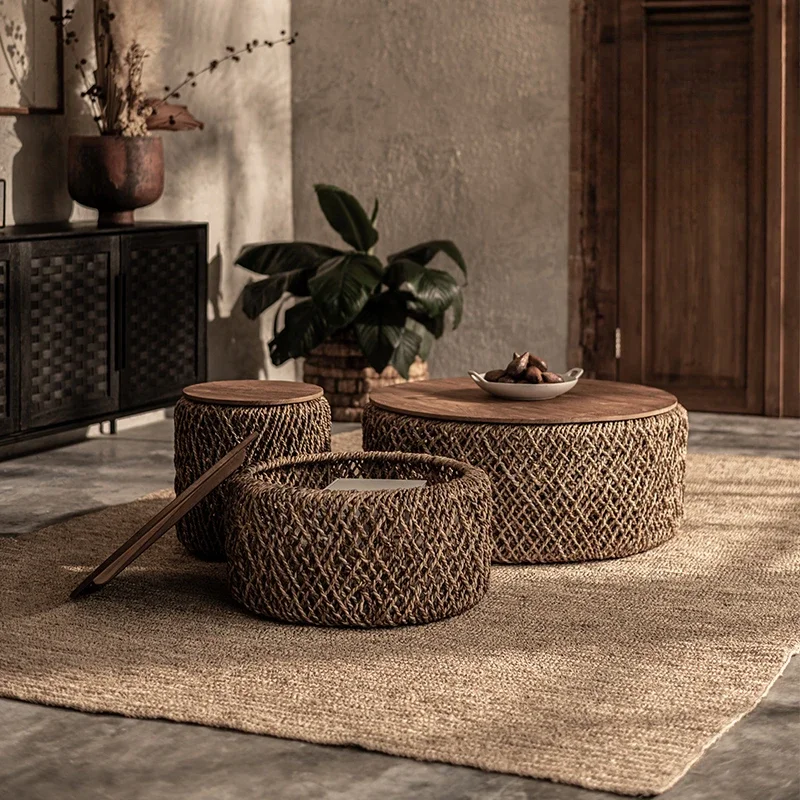 Imported rattan woven coffee table round living room home South East Asia style teak furniture