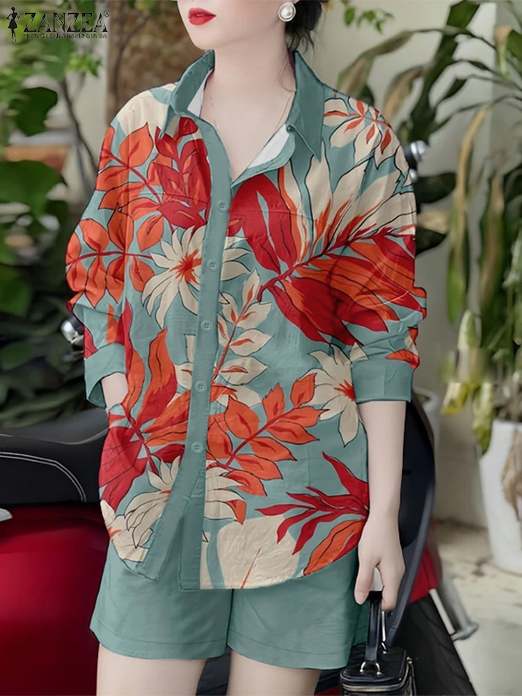 

ZANZEA Летние каникулы Комплекты из 2 предметов Женские рубашки с длинным рукавом с цветочным принтом и шорты с эластичной резинкой на талии Костюмы из 2 предметов Повседневные короткие комплекты