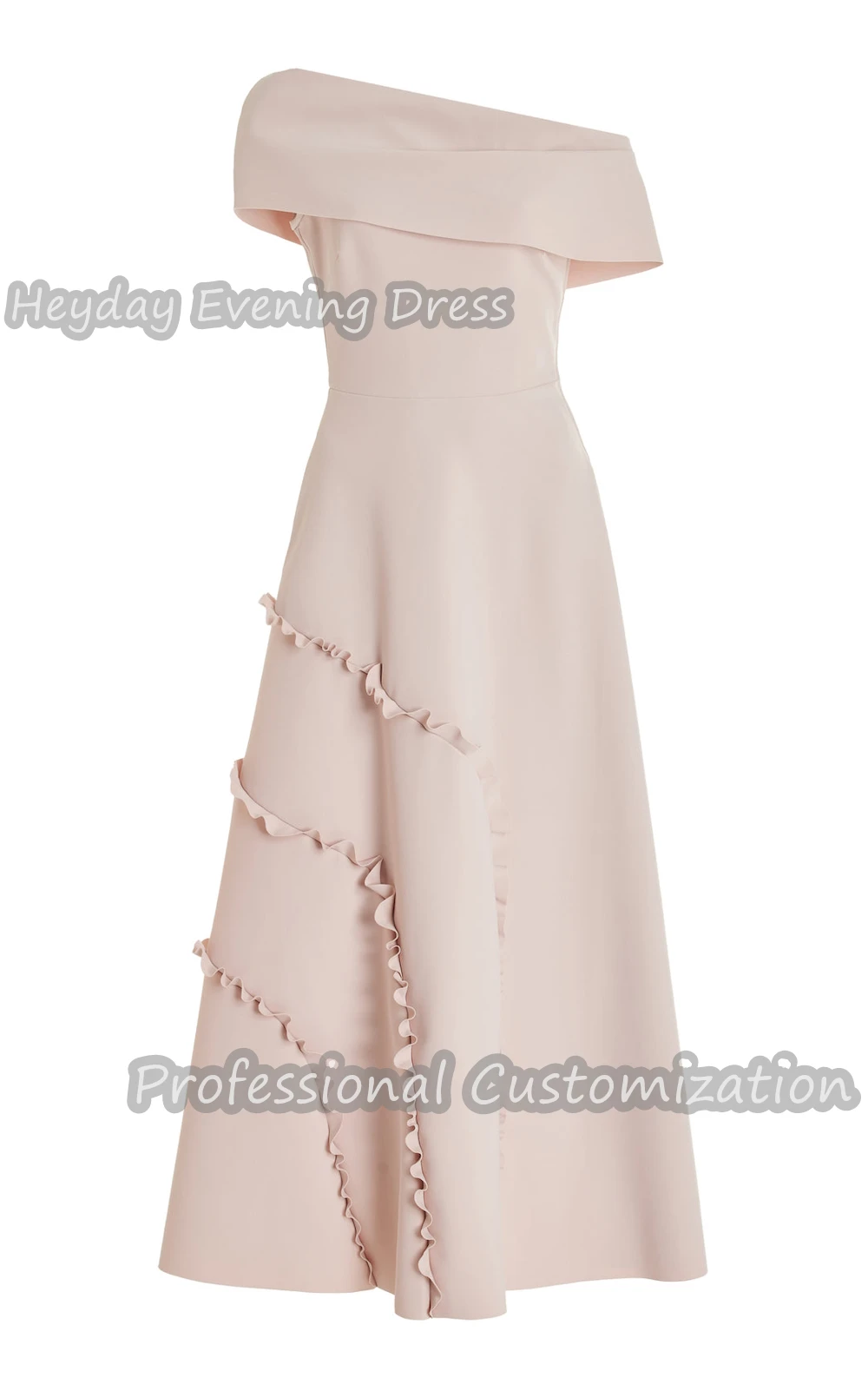 Heyday One Shoulder Saudi Arabia Short Sleeves A-Line Ruffle Prom Gown Crepe Tea Length Elegant luxury Dress For Women 2024