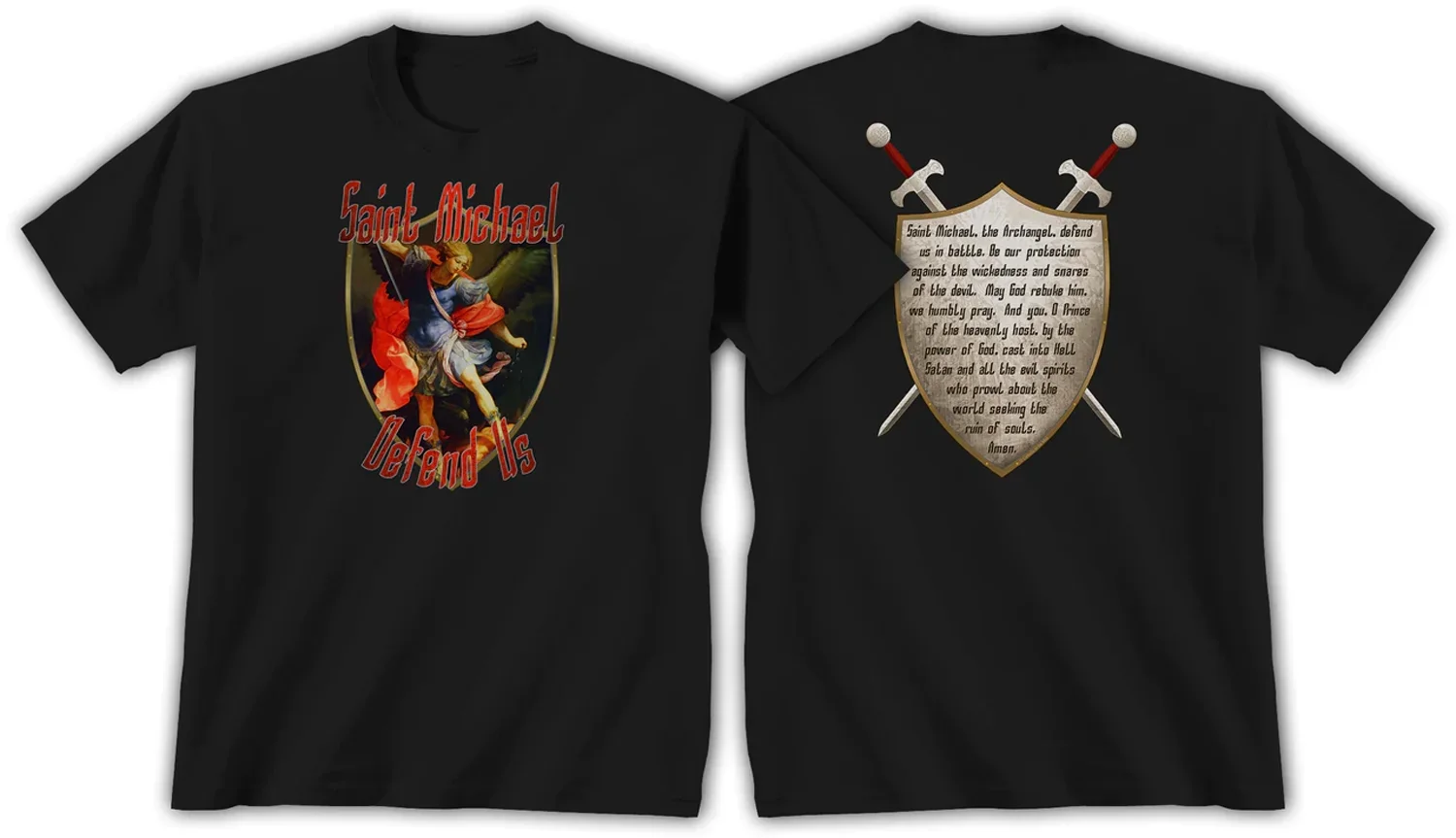 

St Michael Defend Us in Battle. The Archangel Prayer Shield T-Shirt 100% Cotton O-Neck Short Sleeve Summer Casual Mens T-shirt