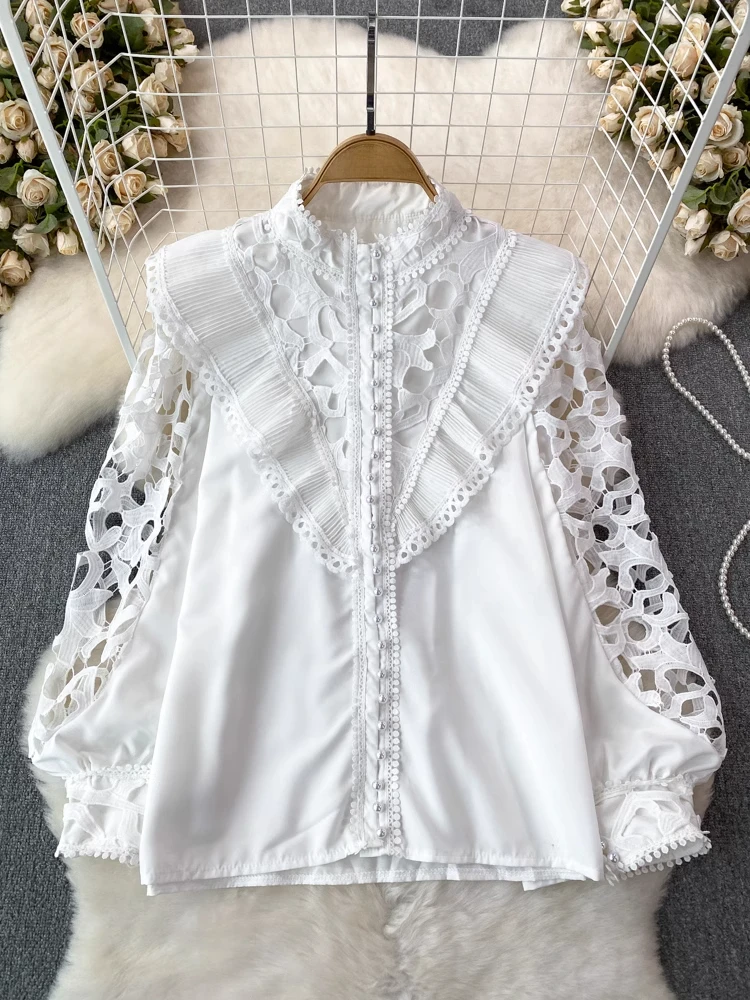 

Spring Autumn Shirts Solid Color Hollow Out Ruffles Patchwork Stand Neck Lantern Sleeve Blouses All Match Design Women Clothing