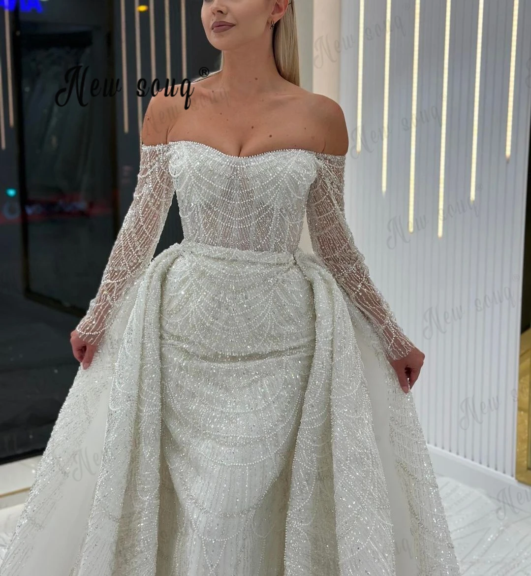 

Dubai 2 Pieces Off Shoulder Long Sleeve White Wedding Dress With Overskirt Beading Luxury Bridal Gowns Vestidos Novias Boda 2024