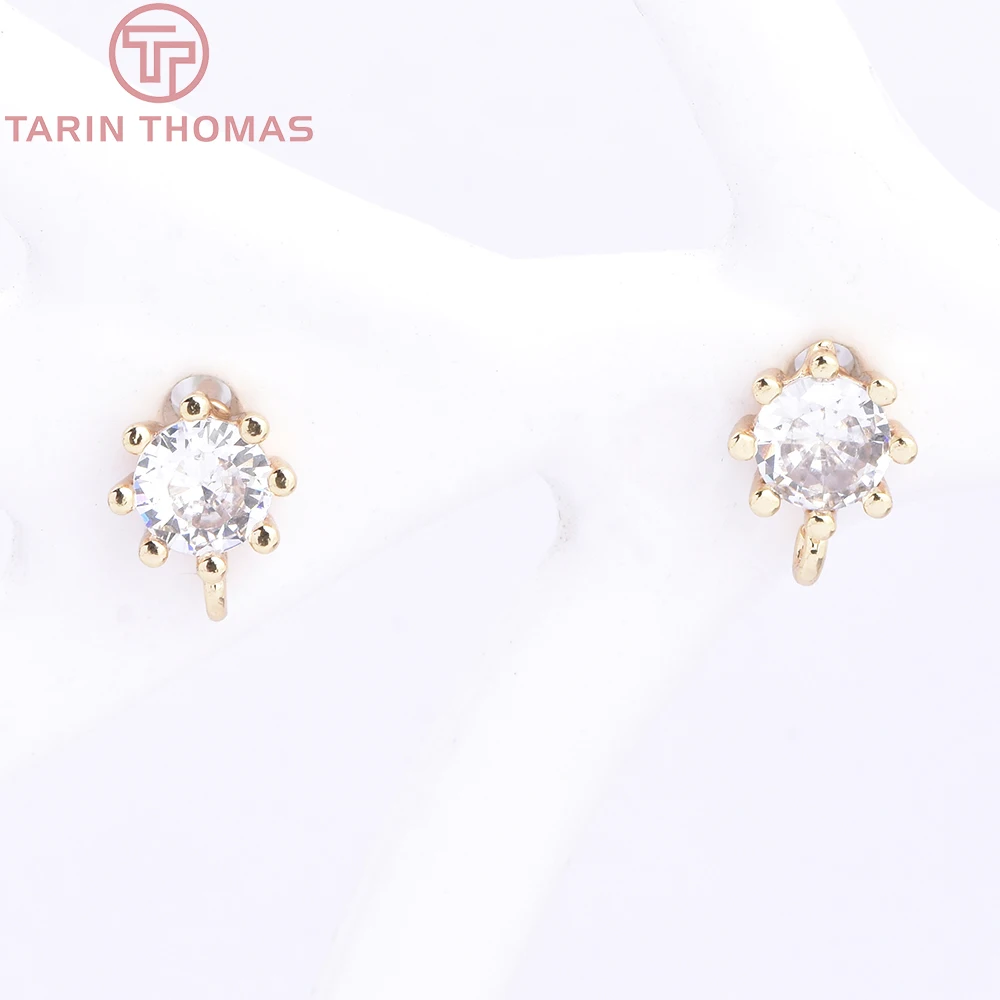 (10003) 6PCS 5.5MM 24K Gold Color Brass with Zircon Round Stud Earrings High Quality Diy Jewelry Making Findings Accessories