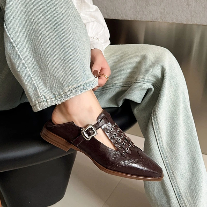 

NEW Spring/Autumn Women Pumps Genuine Leather Shoes for Women Square Toe Low Heel Shoes Concise Rivet Tassel Buckle Strap Shoes