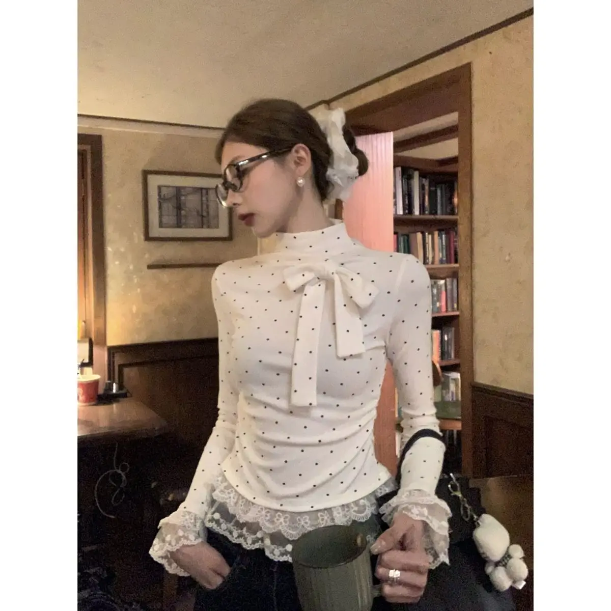 Romantic  Knot Long Sleeve T-Shirt Women's Lace Trim Slimming Anti-Aging Casual Style Midi Waist Design Checkered Pa...
