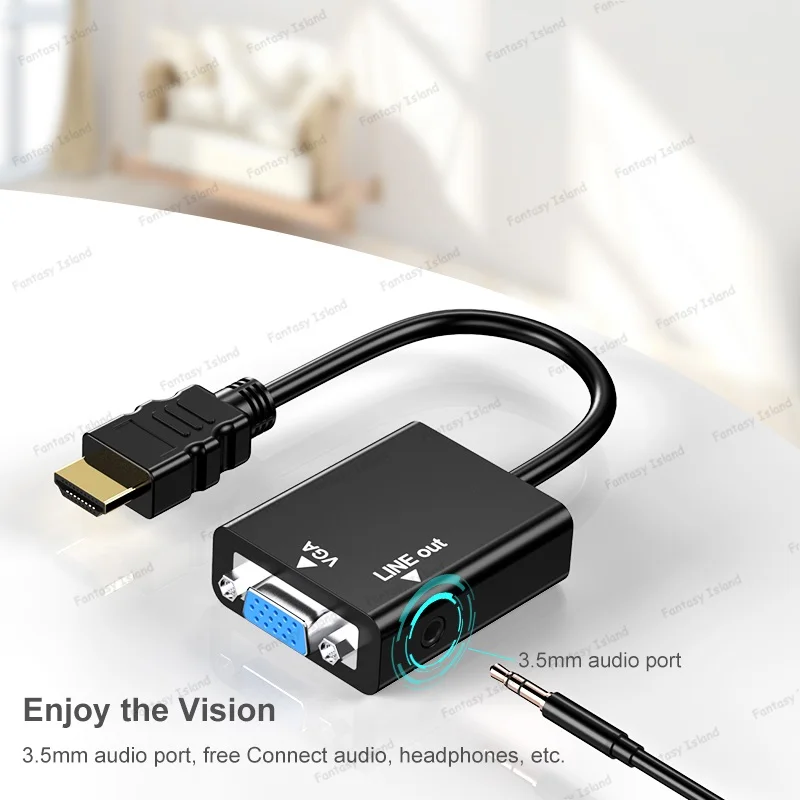 Convertisseur HDMI vers VGA HW-2201 avec alimentation audio, tête convexe, affichage de la connexion à l'ordinateur, câble HDMI vers VGA