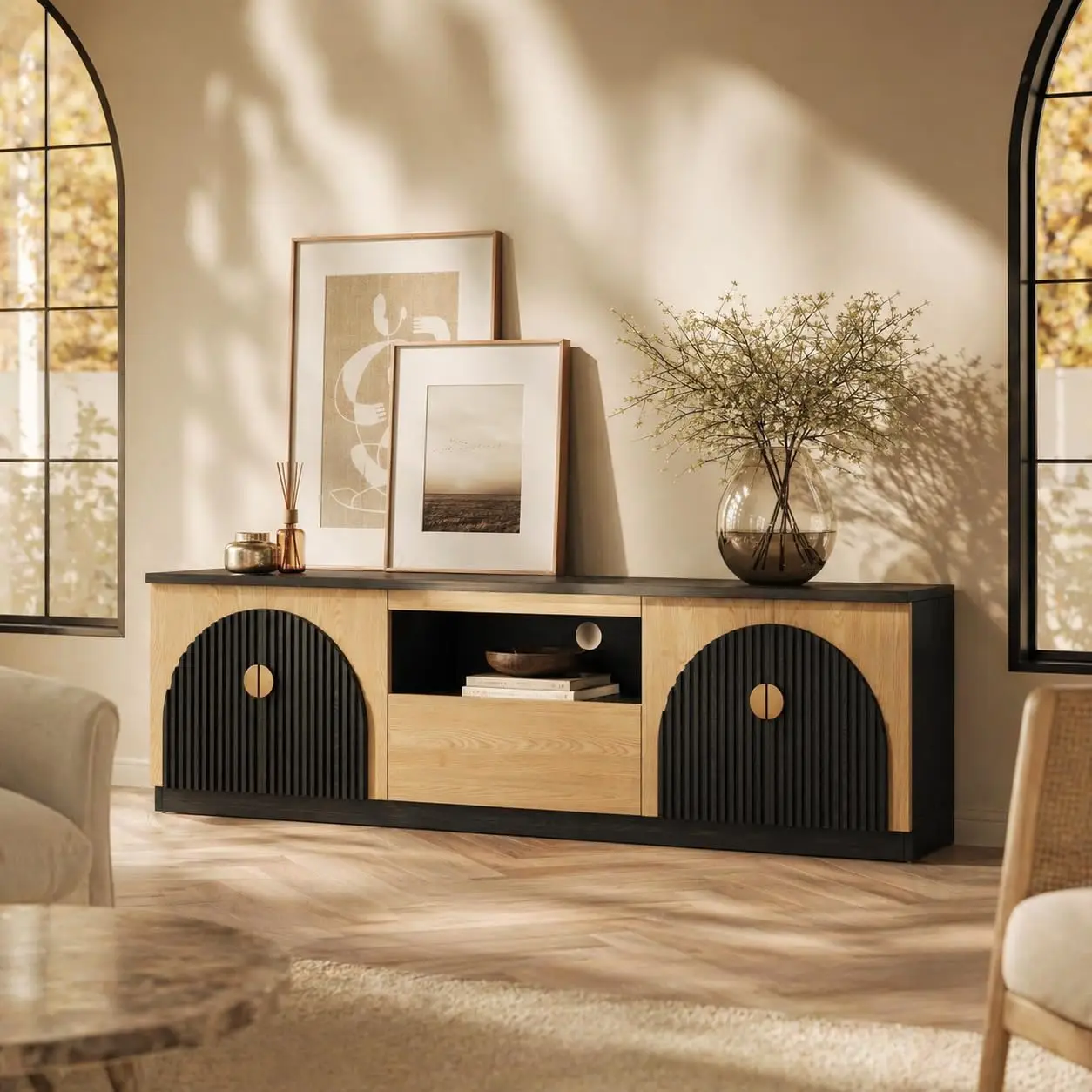 71 Inch Fluted TV Stand Mid Century Two-Tone Media Console, Customized