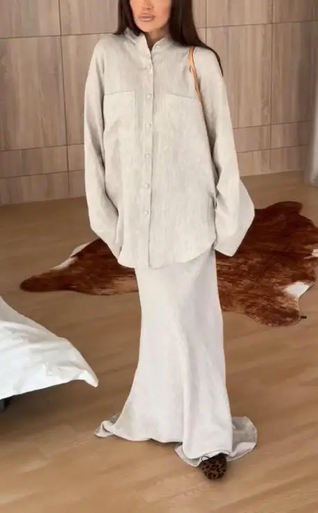 Women's 2025 Autumn/Winter New Solid Color Loose Long Sleeve Shirt High Waist Half Skirt Fashion Set Women's Clothing