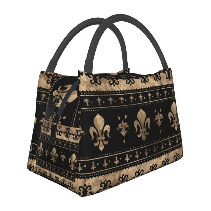 

Роскошные черные и золотые сумки для обеда Fleur De Lis на заказ для мужчин и женщин, термохолодильник, изолированный ланч-бокс для офисных путешествий