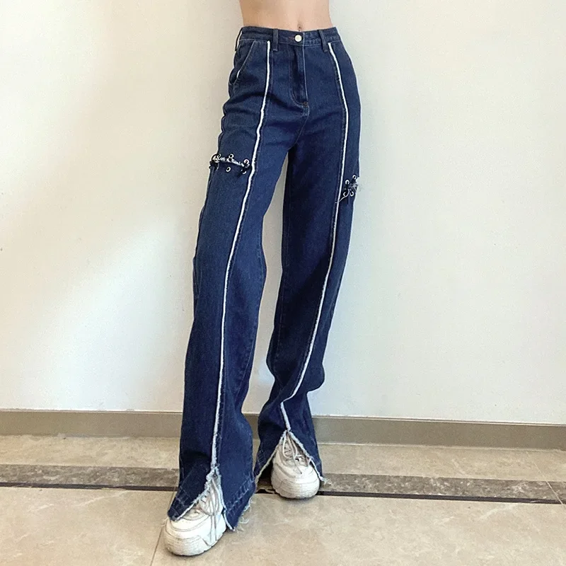 Women Casual Front Split Wide Leg Denim Pants 2024 High Waist Pant Fashion Jeans Handsome Streetwears Straight Trousers Popular