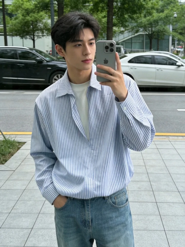 

Men's V-Ne Striped irt Slim Fit Long Sve Spring Outerwear Sun Protection Fake Two-Piece Design Casual Loose Sle