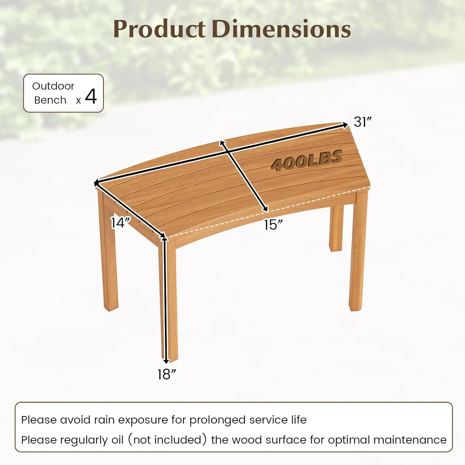Outdoor Patio, Garden, Front Porch, Deck & Backyard Acacia Wood Curved Bench Set of 4, Natural Color, 1600 lbs Weight Capacity