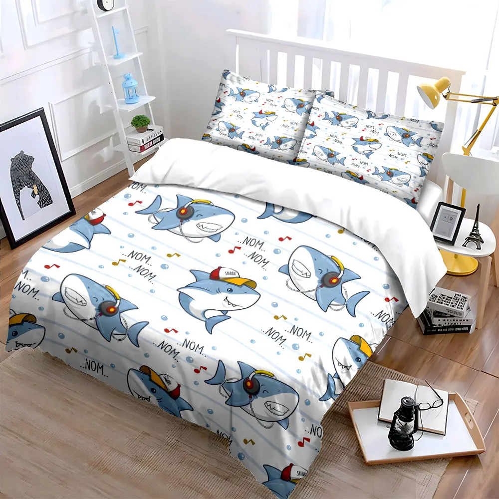 Cartoon sharks with headphones and hats Printed Duvet Cover Set1 Duvet Cover+2 PillowcaseMulti Size Bedroom Bedding Decor